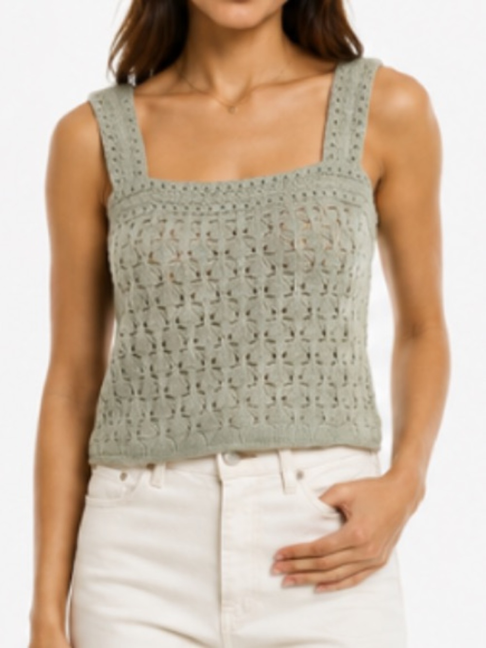 Vince Crochet Wool Cashmere Square Kneck Camisole Crop Tank Top Green‎ Gray XS